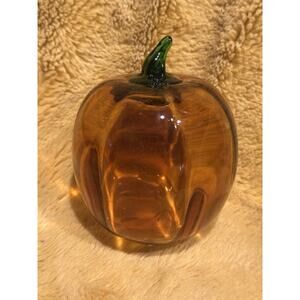 Blenko Hand Blown Pumpkin Optic Glass Topaz 6.5 in w/Green Stem Halloween /Fall